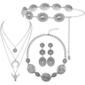 Sonya Western Concho Belt Cowgirl Necklace Dangle Earrings Jewelry set for Women